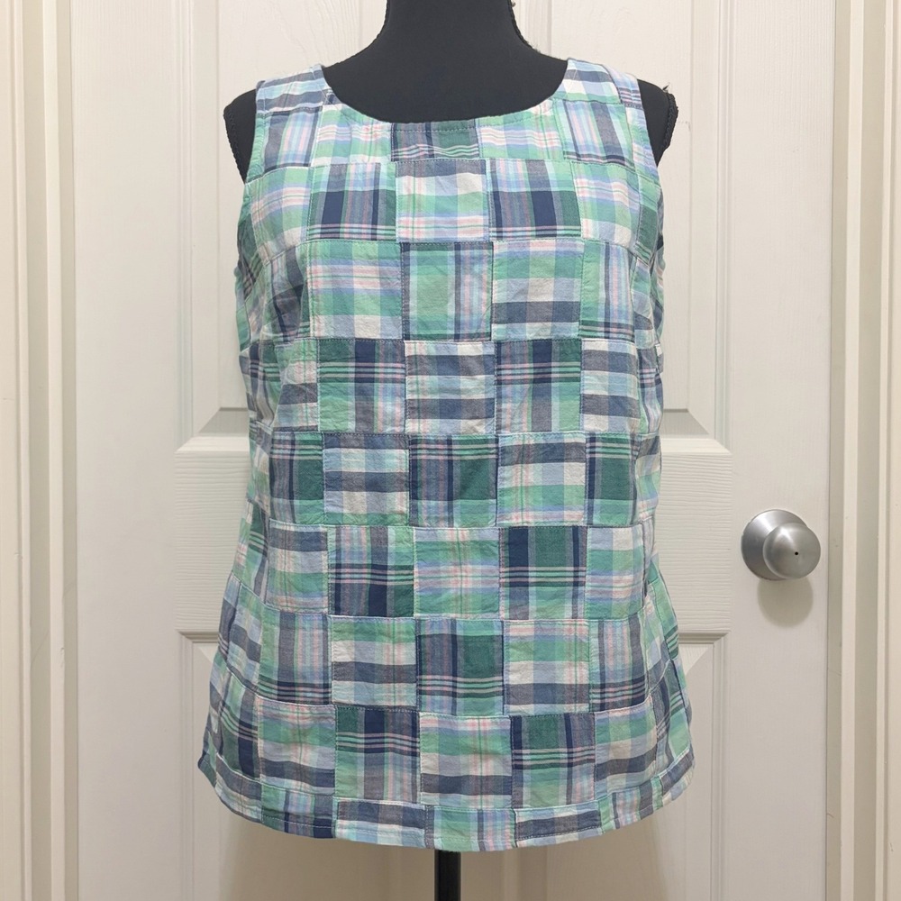 Talbots Patchwork Plaid Sleeveless Cotton Tank Top XS Back Button Madras Preppy